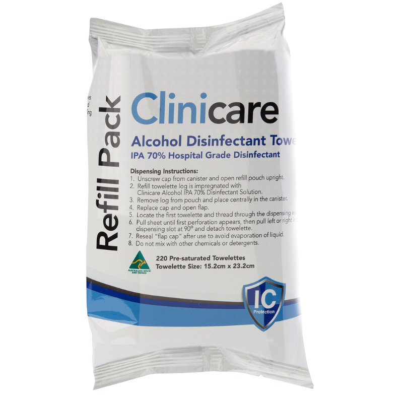 Clinicare Hospital Grade Disinfectant IPA 70% 220 Wipes Refill