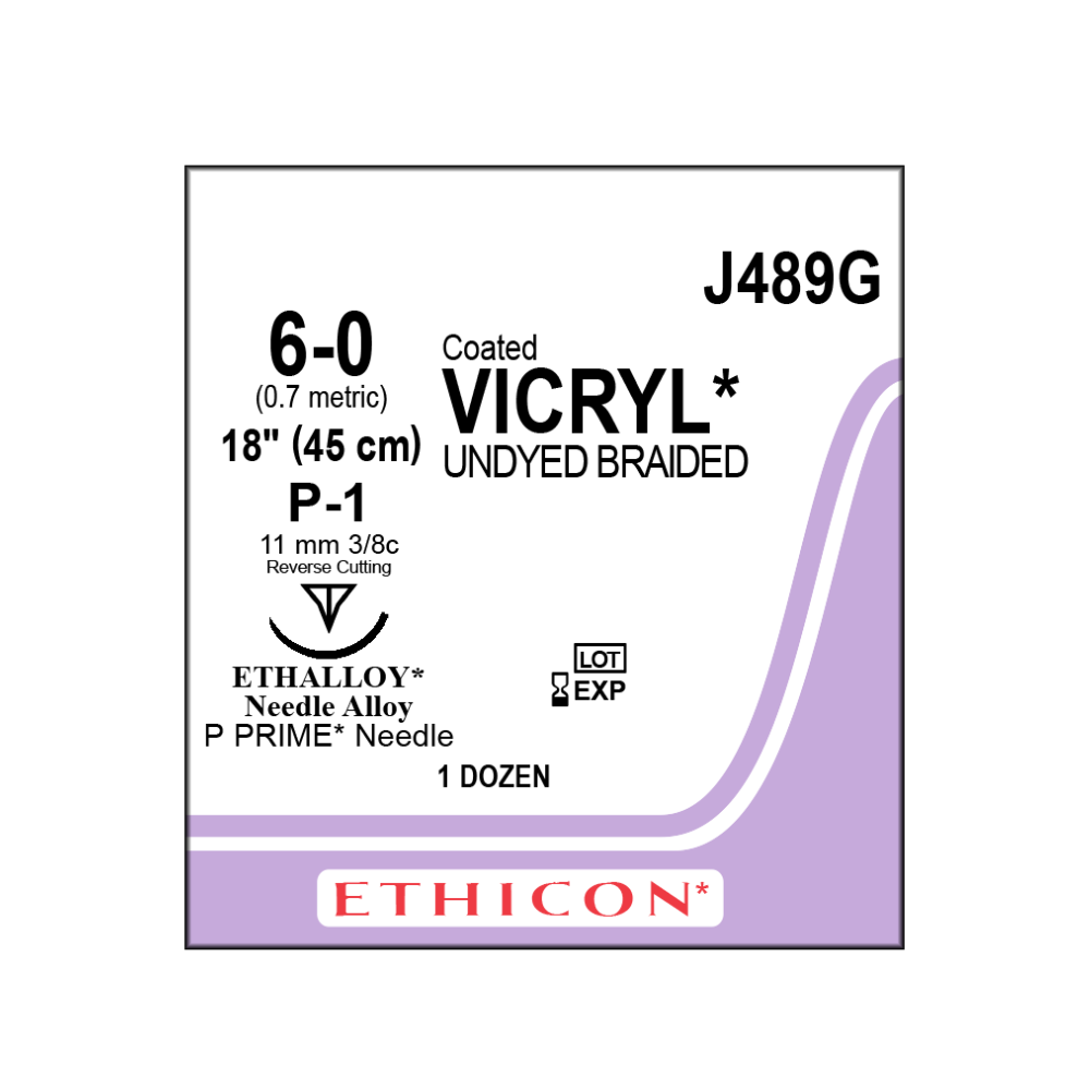 Ethicon Vicryl Undyed 6/0x45cm On 11mm 3/8 Sutures J489G Box Of 12