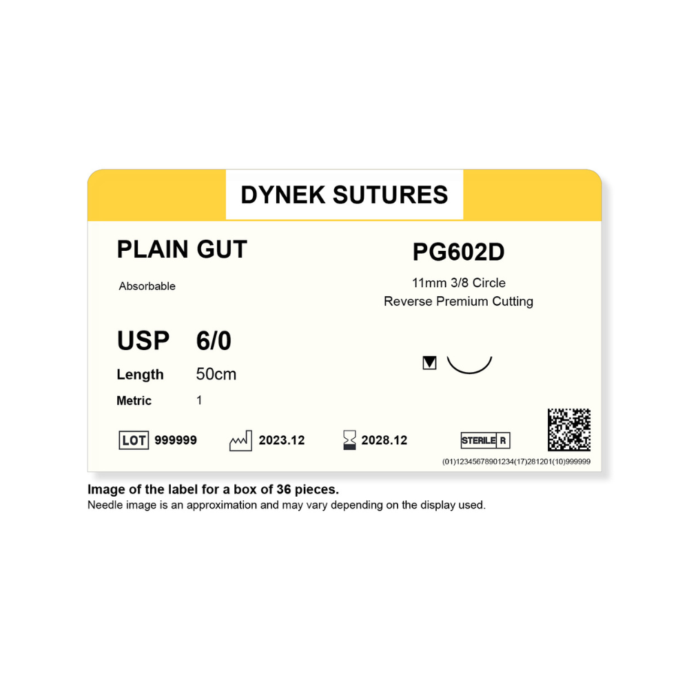 Dynek Surgical Catgut Plain Gut Natural Absorbable 6/0 x 50cm on 11mm 3/8 Sutures PG602D Box Of 36
