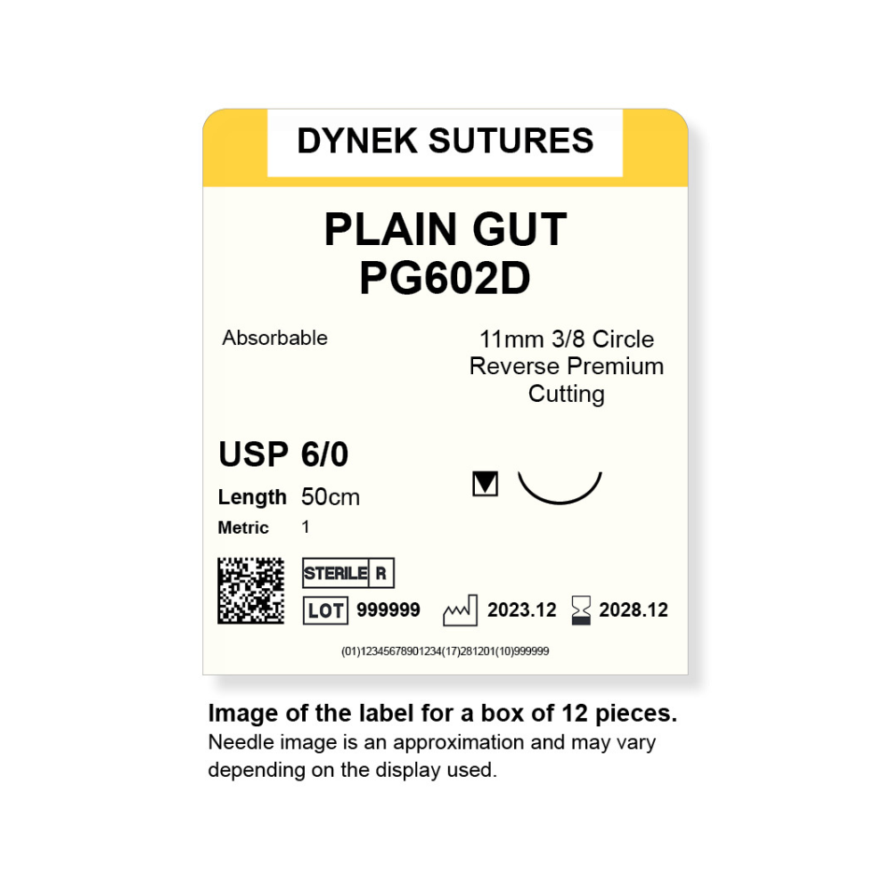 Dynek Surgical Catgut Plain Gut Natural Absorbable 6/0 x 50cm on 11mm 3/8 Sutures PG602D Box Of 12