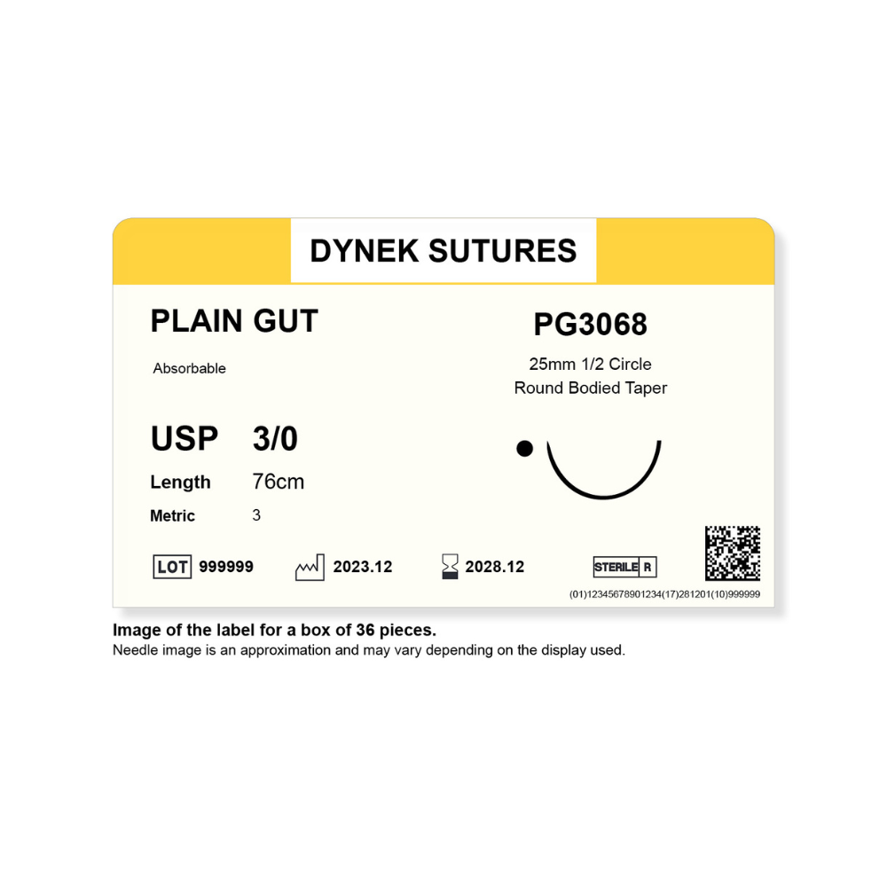 Dynek Surgical Catgut Plain Gut Natural Absorbable 3/0x76cm On 25mm 1/2 Sutures PG3068 Box Of 36