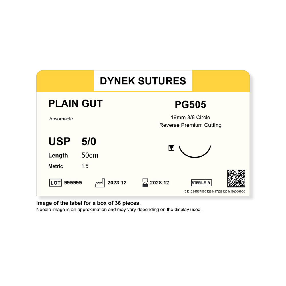 Dynek Surgical Catgut Plain Gut Natural Absorbable 5/0x50cm On 19mm 3/8 Sutures PG505 Box Of 36