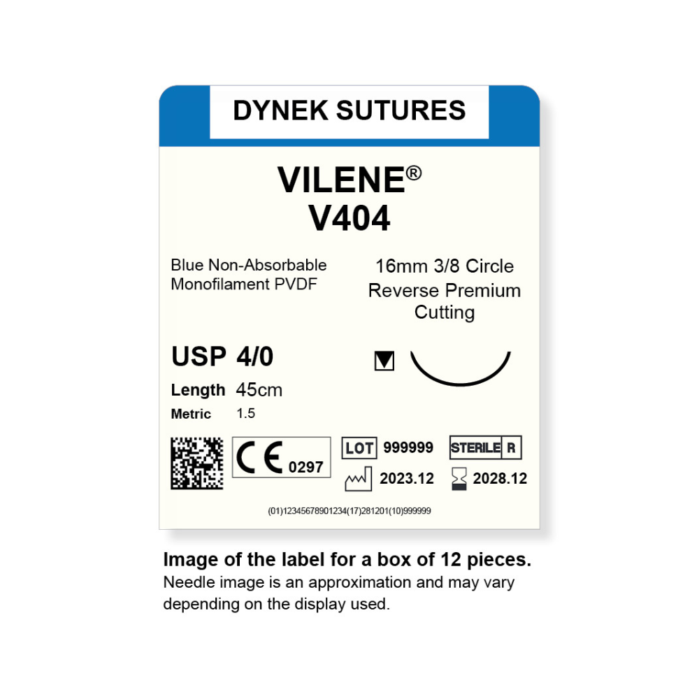 Dynek Vilene Blue Synthetic Non Absorbable 4/0x45cm On 16mm 3/8 Sutures V404 Box Of 12