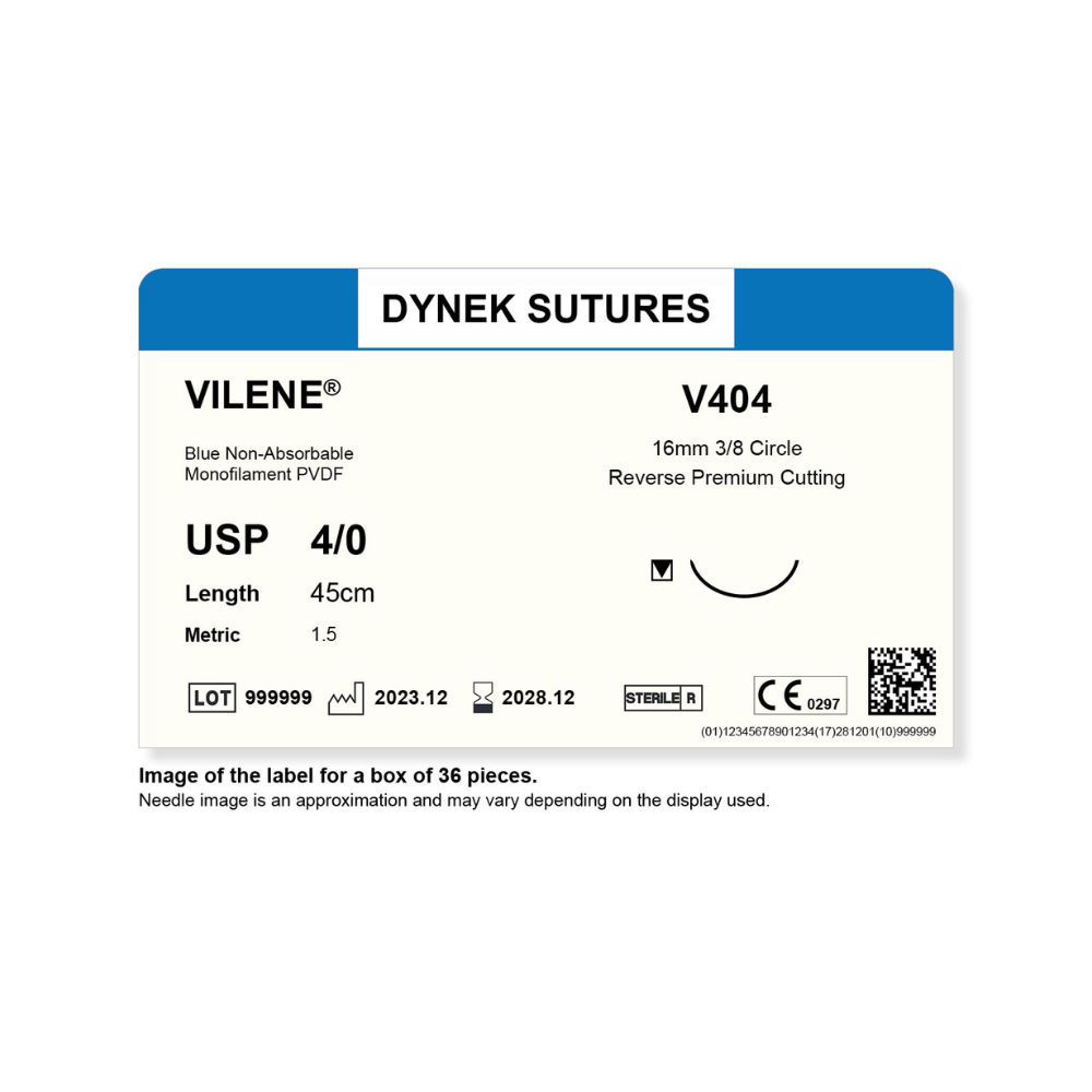 Dynek Vilene Blue Synthetic Non Absorbable 4/0x45cm On 16mm 3/8 Sutures V404 Box Of 36