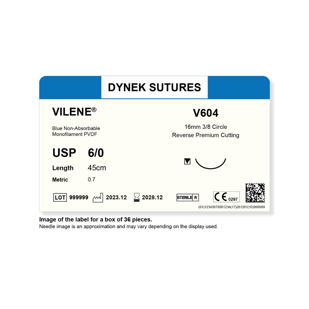 Dynek Vilene Blue Synthetic Non Absorbable 6/0x45cm On 16mm 3/8 Sutures V604 Box Of 36